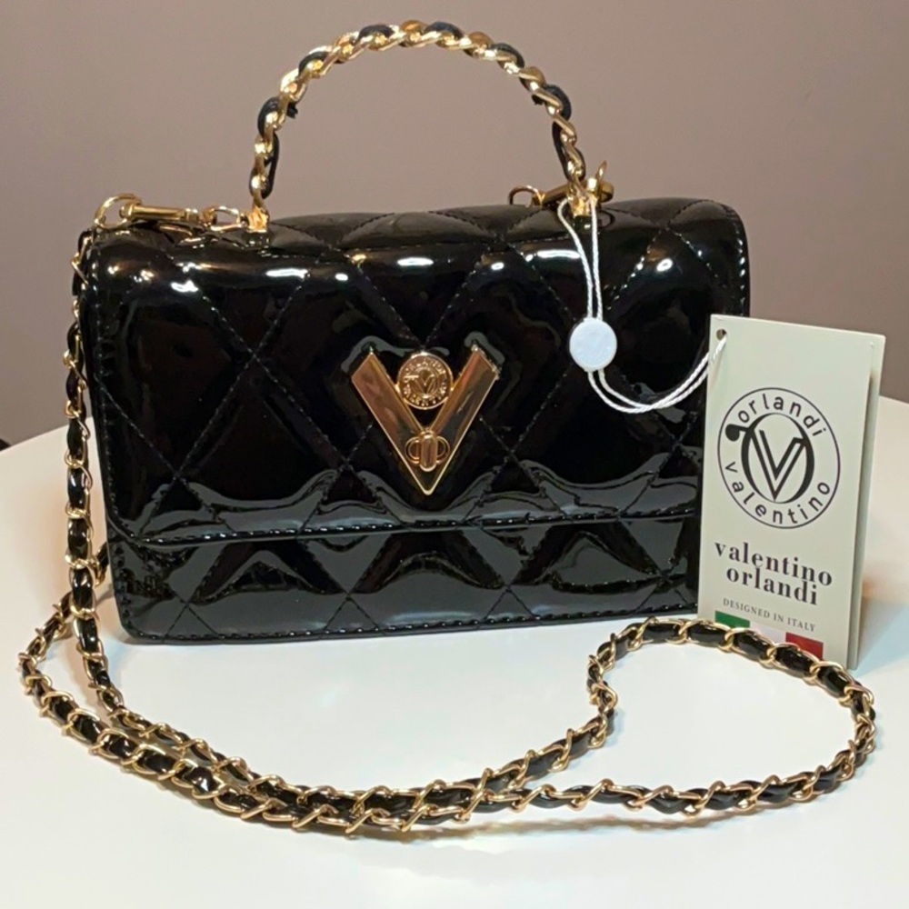 Valentino Orlandi NWT Black Quilted Patent Leather Turn Lock Crossbody MSRP $349